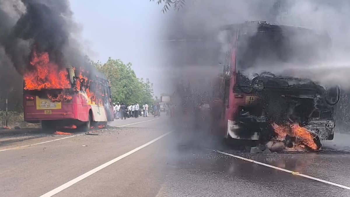 Tragic Fiery Collision: Bike Rider Burnt Alive After Crash With KSRTC Bus in Karnataka’s Vijayapura