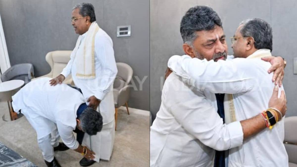 At Breakfast Meet, DK Shivakumar Hugs Siddaramaiah, Touches Feet Ahead of Resignation | VIDEO