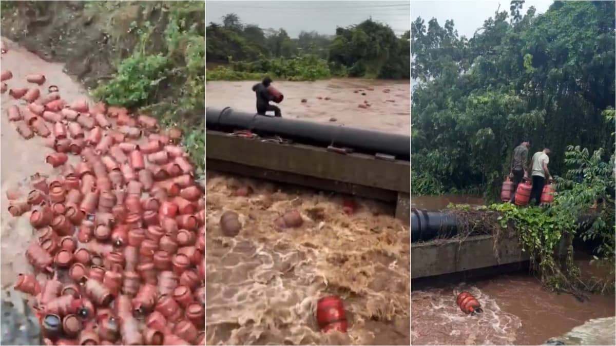 ‘Don’t Touch Them’: People Risk Lives To Collect Floating LPG Cylinders From Flood-swollen Patalganga River, Urgent Safety Advisory Issued